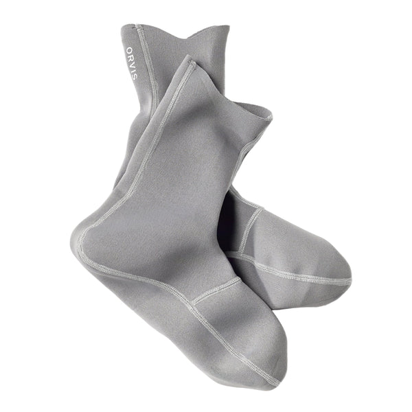 A pair of 0.5mm neoprene Orvis Wet Wading Socks in granite grey on a white background.