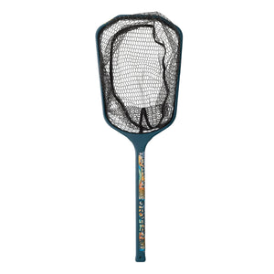 Orvis Wide Mouth Guide Fishing Net in blue with a long handle with a brown trout design, on a white background.