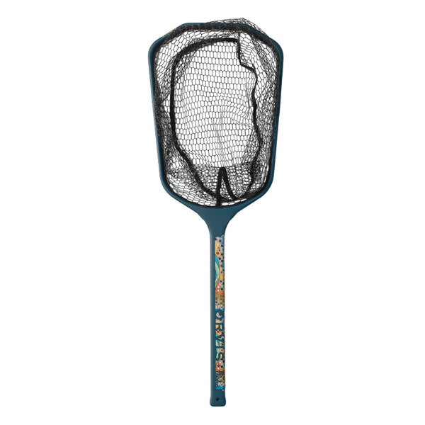Orvis Wide Mouth Guide Fishing Net in blue with a long handle with a brown trout design, on a white background.
