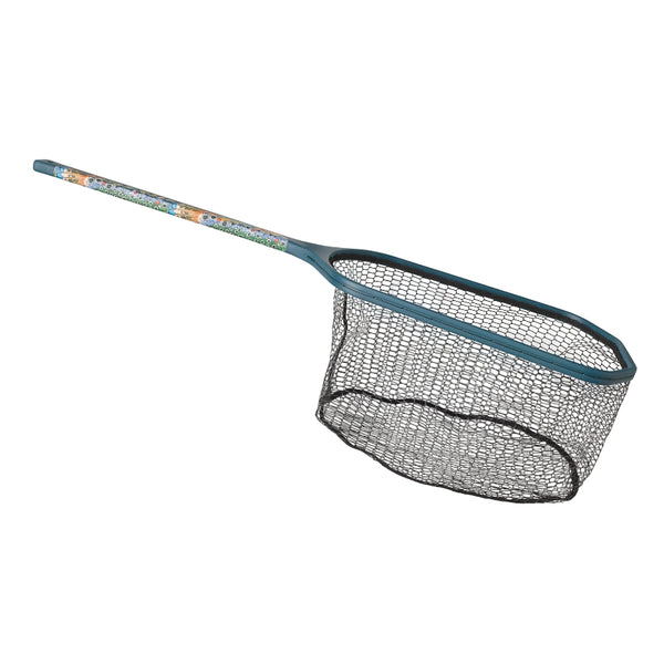 Orvis Wide Mouth Guide Fishing Net in blue with a long handle with a brown trout design, shown from the side on a white background.