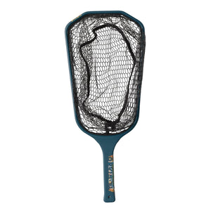 Orvis Wide Mouth Hand Fishing Net in blue with a short handle with a brown trout design, on a white background.