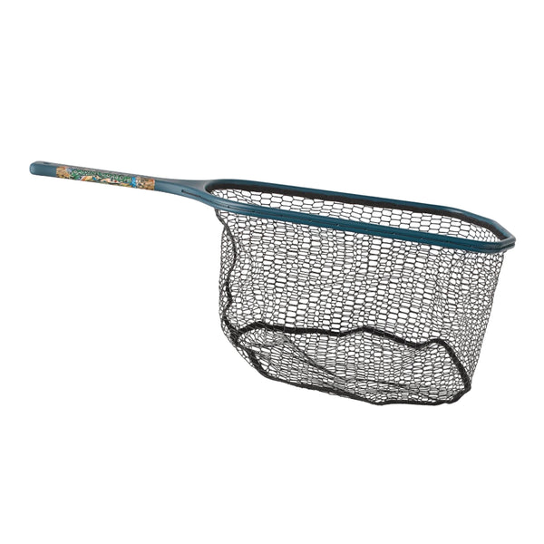 Orvis Wide Mouth Hand Fishing Net in blue with a short handle with a brown trout design, shown from the side on a white background.