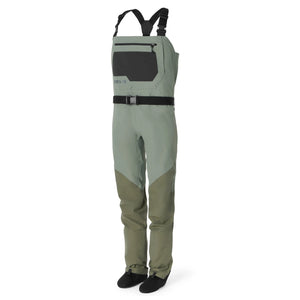A pair of Orvis Women's Clearwater Stockingfoot Waders in sagebrush with black belt, straps and pocket details, shown on a white background.