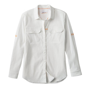 White button-up Orvis Women's Open Air Relaxed Sun Shirt with long sleeves on a white background.