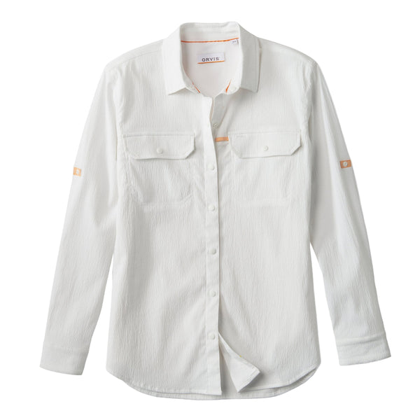 White button-up Orvis Women's Open Air Relaxed Sun Shirt with long sleeves on a white background.