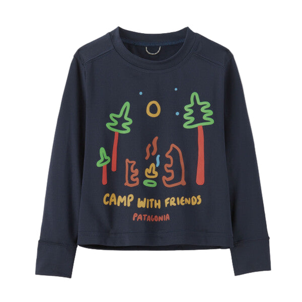Navy long sleeve Patagonia Baby Cap UPF Silk Weight Shirt t-shirt with a graphic print of a camping scene, on a white backgound.