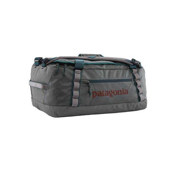 Noble Grey 40-Liter Patagonia Black Hole Duffel with red Patagonia Logo on a white background.