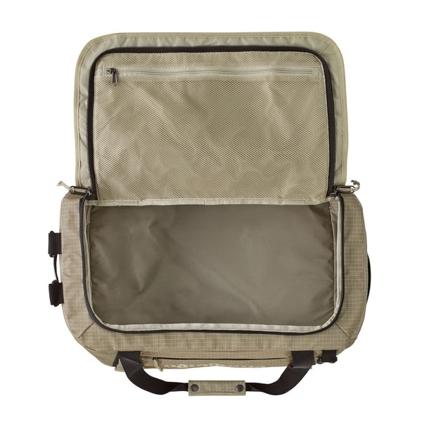Weathered Stone beige 40-Liter Patagonia Black Hole Duffel with open top and light tan inerior on a white background.