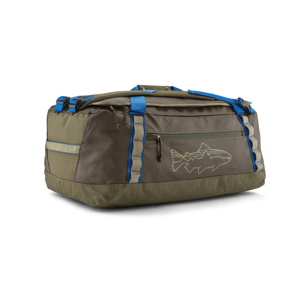 Patagonia 55-Liter Black Hole Duffel in Basin Green with the Fitz Roy Trout logo on the side, on a white background.