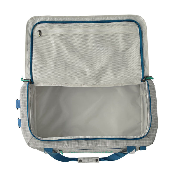 Open Birch White 55-Liter Patagonia Black Hole Duffel Bag showing the roomy interior, on a white background.