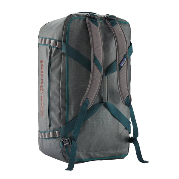 Noble grey 55-Liter Patagonia Black Hole Duffel Bag showing convertible backpack straps, on a white background.