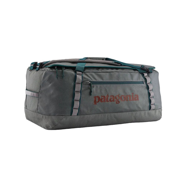 Noble grey 70-Liter Patagonia Black Hole Duffel Bag showing side logo and pocket, on a white background.