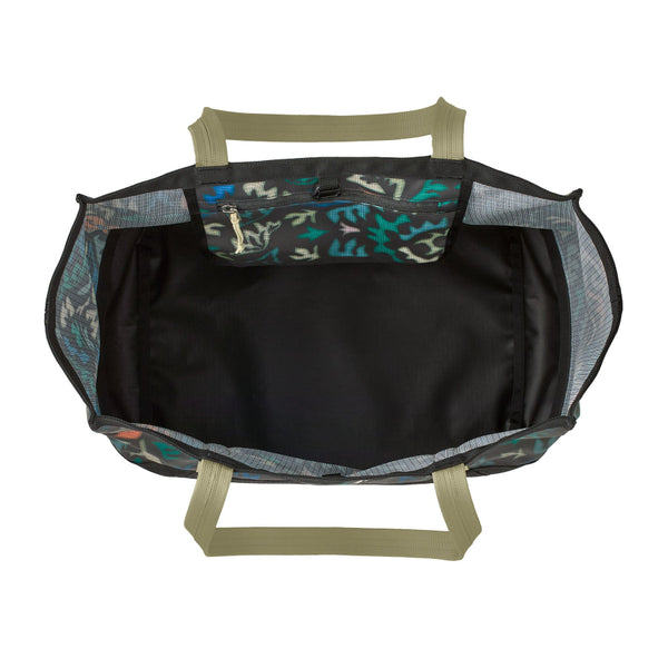 The interior of the 25-liter Patagonia Black Hole Gear Tote in kaleido black on a white background.