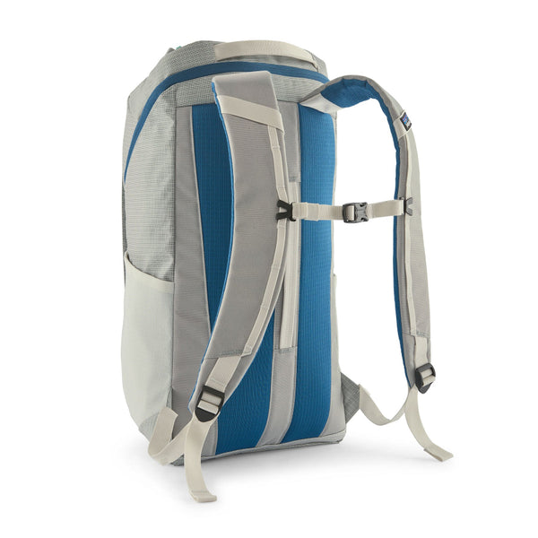 The 25-liter Patagonia Black Hole Backpack in Birch White with blue accents, shown from the back on a white background.