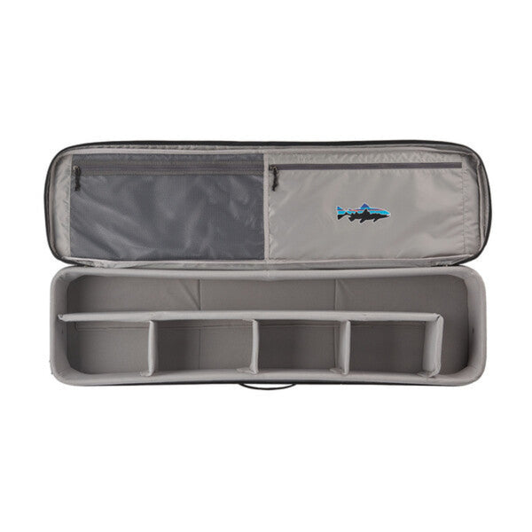 Patagonia Black Hole Rod Case, showing the interior with dividers, on a white background.