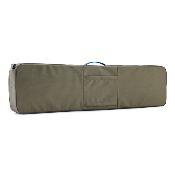 The back side of a basin green Patagonia Black Hole Fly Fishing Rod Case open showing the luggage handle pass through sleeve and top handle on a white background.