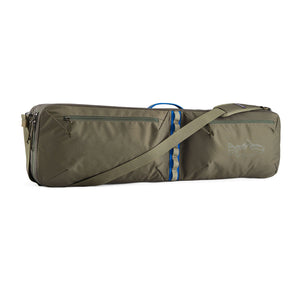 Front of a basin green Patagonia Black Hole Fly Fishing Rod Case showing the adjustable shoulder strap, blue accent lash points, and front zippered pockets, on a white background.