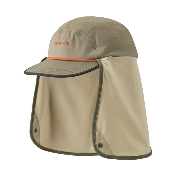River rock green Patagonia Caped Merganzer Hat with full neck coverage panel and small logo on front, against a white background.