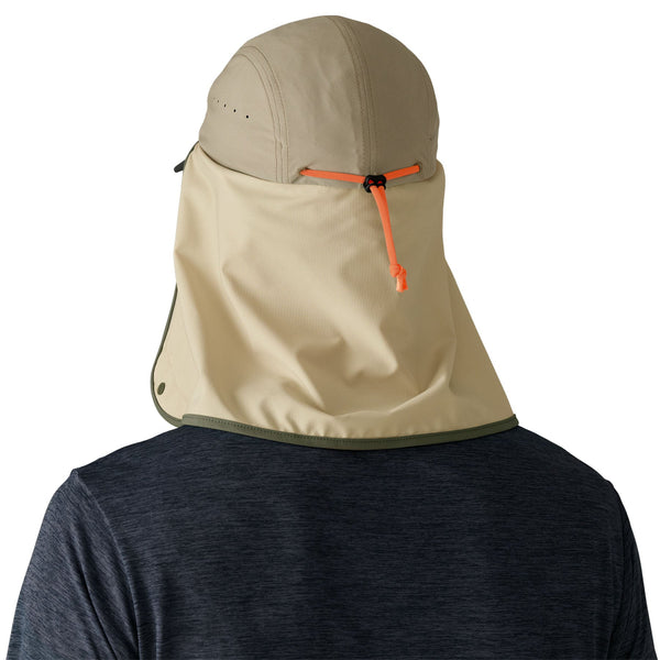 Back view of a person wearing a dark blue shirt and the river rock green Patagonia Caped Merganzer Hat with the full neck coverage panel loose and showing the adjustment toggle, against a white background.
