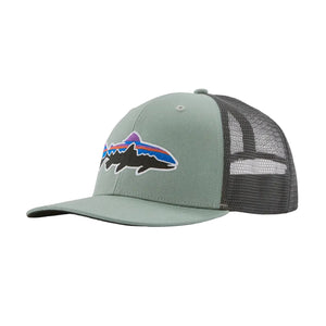a cover green Patagonia Fitz Roy Trout Trucker Hat with a fish logo on the front, over a white background.