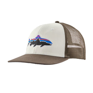 Marlow brown and white Patagonia Fitz Roy Trout Trucker Hat featuring the logo on the front, on a white background.