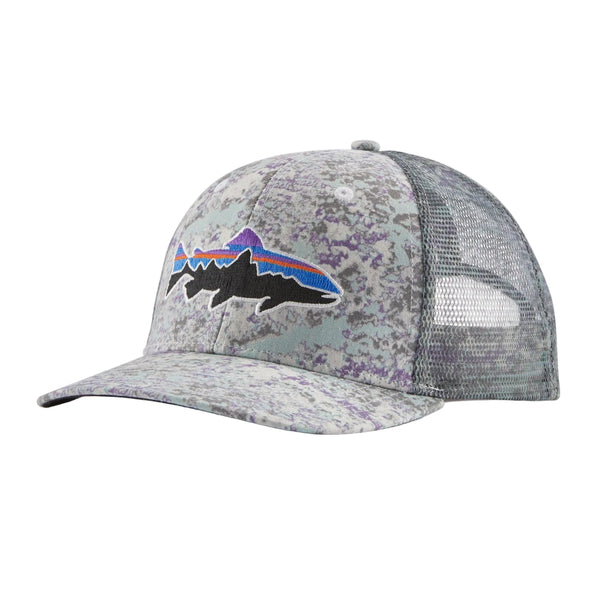 Rock wash thermal blue Patagonia Fitz Roy Trout Trucker Hat featuring the logo on the front, on a white background.