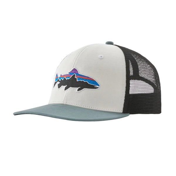 Sage blue, charcoal grey, and white Patagonia Fitz Roy Trout Trucker Hat featuring the logo on the front, on a white background.