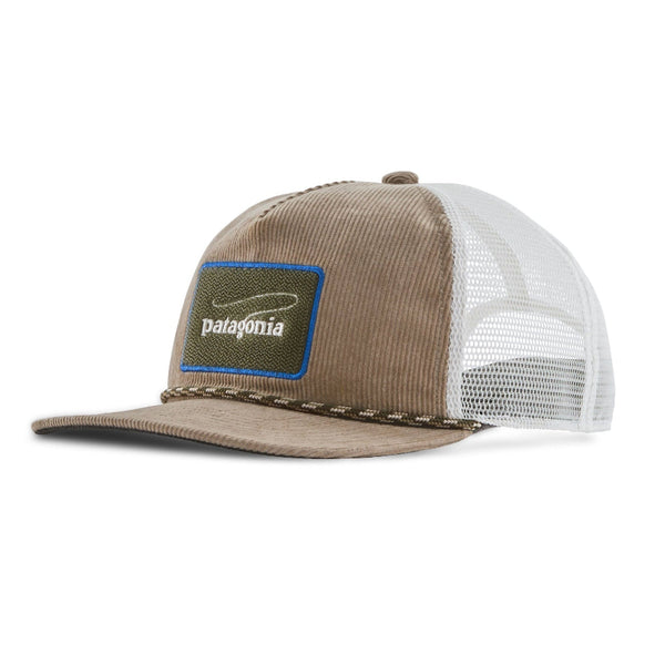 A Patagonia Fly Catcher Trucker Hat featuring a brown corduroy front panel and brim, white mesh back panels, and a blue-bordered logo patch on the front, on a white background.