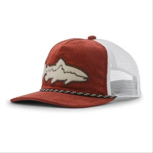A Patagonia Fly Catcher Trucker Hat featuring a rust red corduroy front panel and brim, white mesh back panels, and a trout shaped logo patch on the front, on a white background.