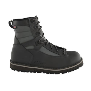 A forge grey Patagonia Foot Tractor Wading Boot with a lace-up closure and a Vibram sole on a white background.