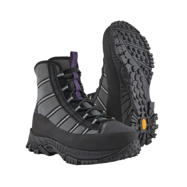 Pair of Patagonia Forra Wading Boots in forge grey featuring a high ankle design, Cordura nylon mesh upper, and Vibram Mars sole on a white background.