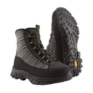 Pair of Patagonia Forra Wading Boots in forge grey with basin green featuring a high ankle design, Cordura nylon mesh upper, and Vibram Mars sole on a white background.