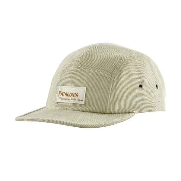 Beige Patagonia Maclure Graphic Hat with water people logo on the front, against a white background.