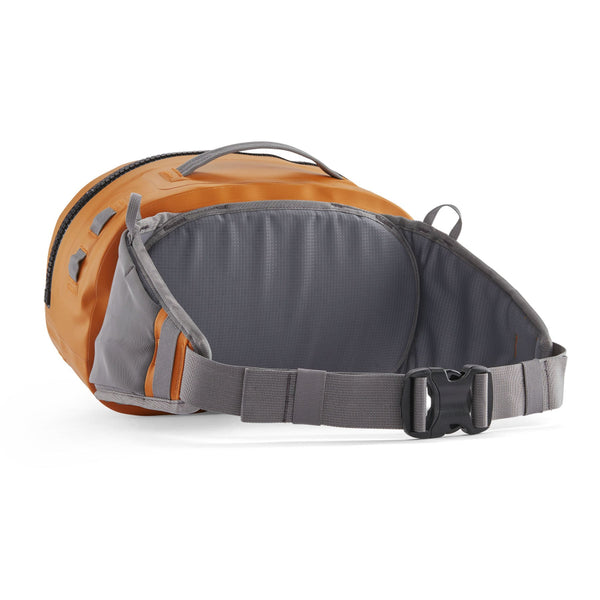 Back view of the Patagonia Guidewater Waterproof Fishing Hip Pack in golden caramel with grey accents on a white background.