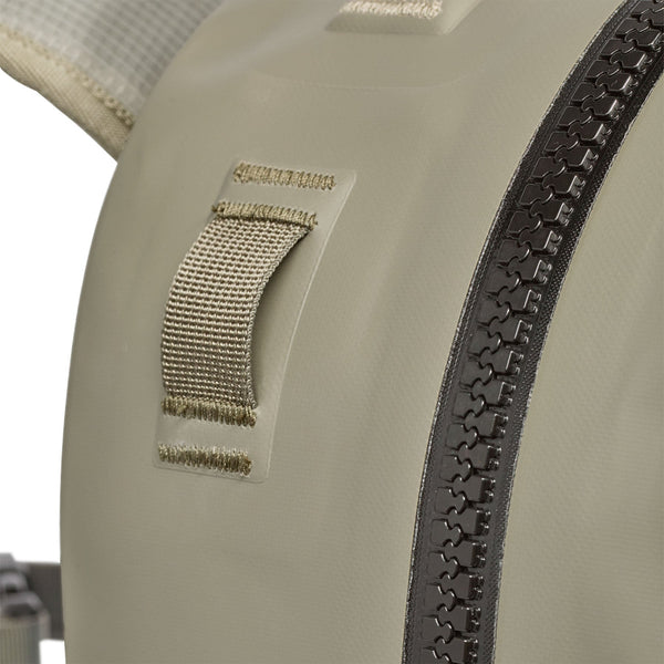 Close up of the waterproof zipper on the River Rock Green 25-Liter Patagonia Guidewater Waterproof Backpack.