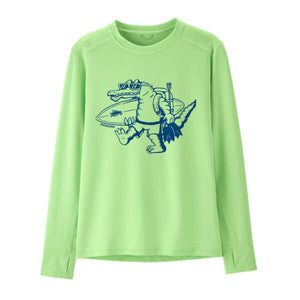 Patagonia Kids Capilene UPF Silkweight Sun Shirt in salamander green with gator graphic on a white background.