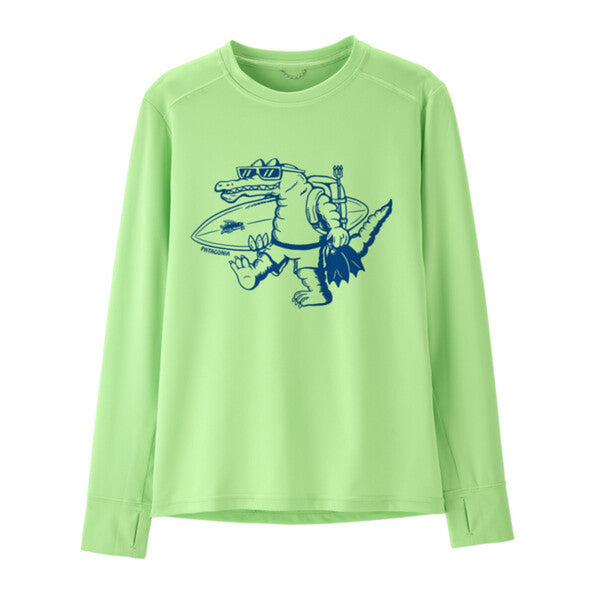 Patagonia Kids Capilene UPF Silkweight Sun Shirt in salamander green with gator graphic on a white background.