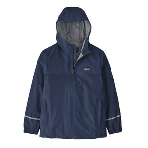 Navy blue Patagonia Kids' Torrentshell 3L Rain Jacket with a hood, zippered pockets, and elastic cuffs, on a white background.