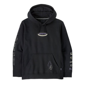 Black Patagonia Long Way 'Round Uprisal Hoody with white logos on a white background.