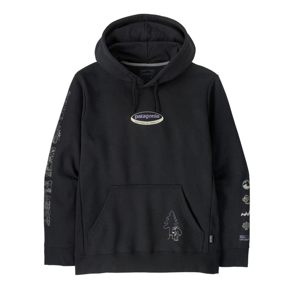 Black Patagonia Long Way 'Round Uprisal Hoody with white logos on a white background.