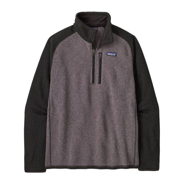 May grey and black raglan sleeve Patagonia Men's Better Sweater 1/4 Zip Pullover, with a small brand logo on the left chest, shown against a white background.
