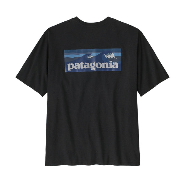 Ink black Patagonia Boardshorts Logo t-shirt with a graphic on the back, against a white background.