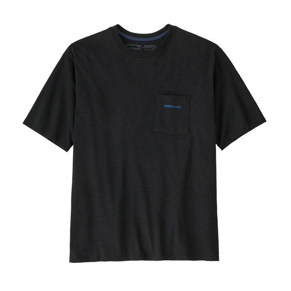 Ink black Patagonia Boardshorts Logo t-shirt with a pocket on the front, against a white background.