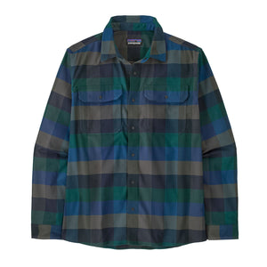 Plaid Patagonia Canyonite Flannel shirt with blue and green pattern on a white background.