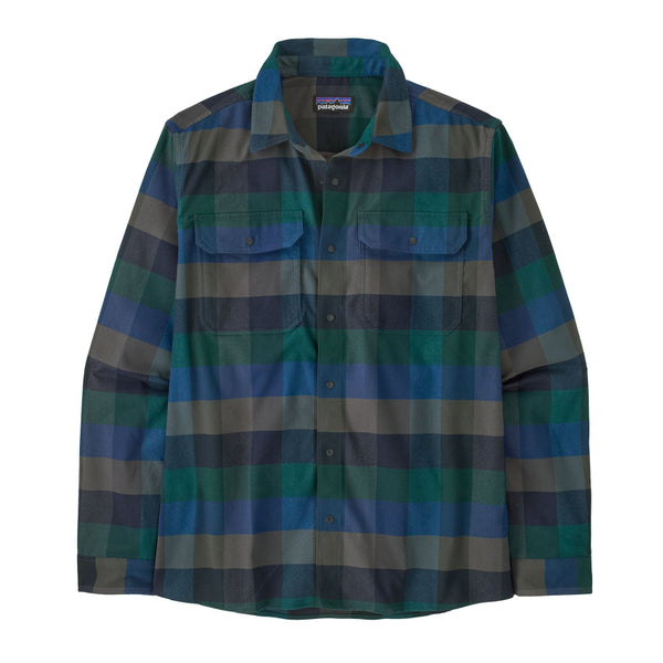 Plaid Patagonia Canyonite Flannel shirt with blue and green pattern on a white background.