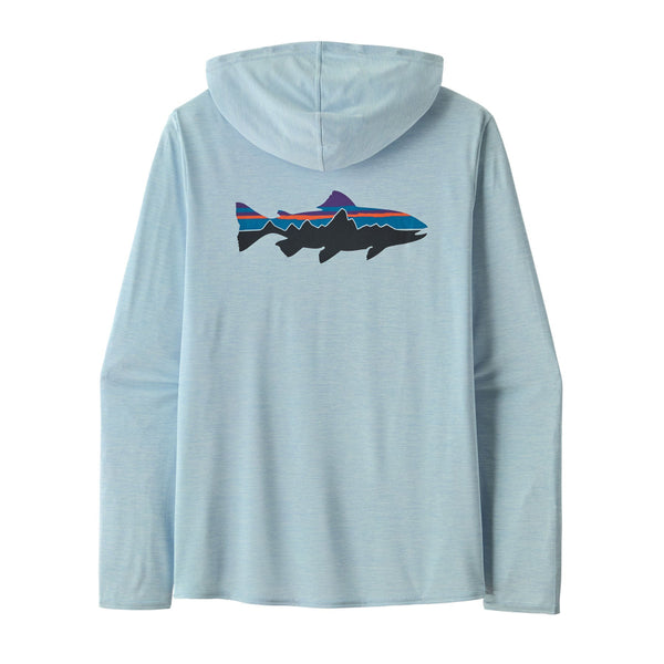 Fleck blue Patagonia Men's Cap Cool Daily Hoody with Fitz Roy Trout graphic on the back, on a white background.