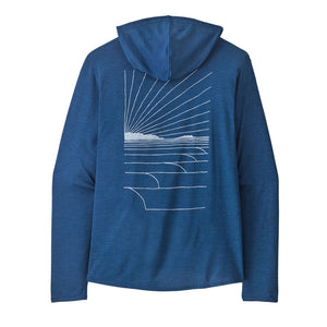 Clement blue Patagonia Men's Cap Cool Daily Hoody with waves rolling graphic on the back, on a white background.