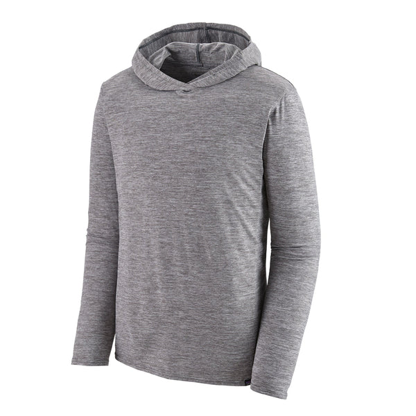 Feather grey Patagonia Men's Cap Cool Daily Hoody on a white background.