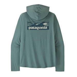 The blue sage color Patagonia Men's Capilene Cool Daily Hoody with large Boardshort Logo on the back, against a white background.