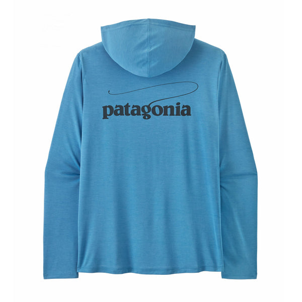 Shore blue x-dye Patagonia Men's Capilene Cool Daily Hoody with a Casting Logo design on the back against a white background.